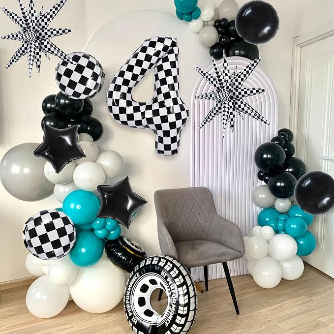 TONIFUL 4th Birthday Balloons Kit 40 Inch Checkered Number 4 Foil Balloon | - Image 3