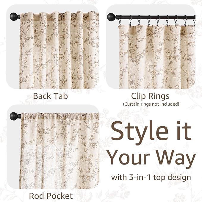 jinchan Taupe Floral Linen Curtains 84 Inch Farmhouse Back Tab 2 Panels | Taupe - Image 6