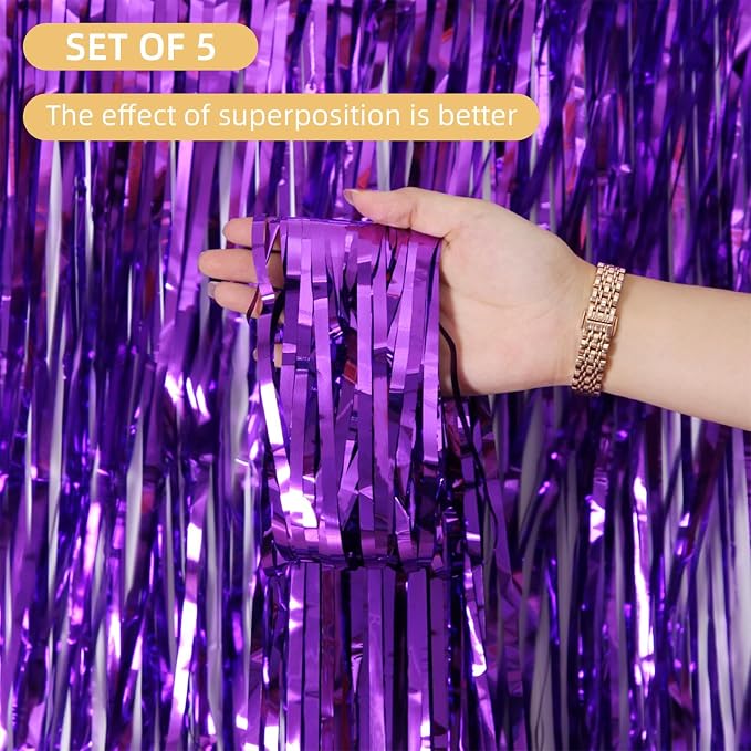 5 Pack Purple Foil Curtain Backdrop 3.2ft x 9.8ft Metallic Tinsel Foil Fringe - Image 2