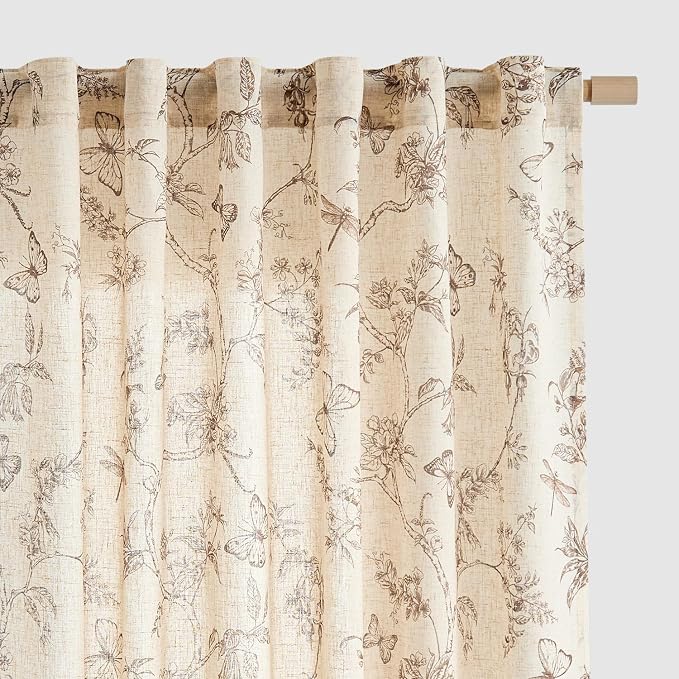 Taupe Floral Linen Curtains Farmhouse Rod Pocket 50W X 96L 2 Panels | Charlotte by Lazzzy