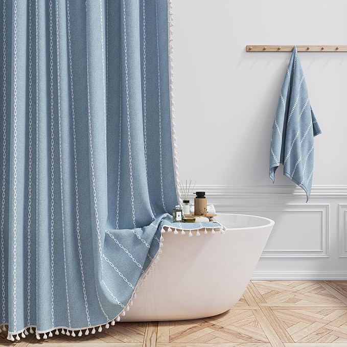 Blue Boho Farmhouse Linen Heavy Duty Cloth Shower Curtain Set, 72x72 | 330GSM by ShowerCurtain