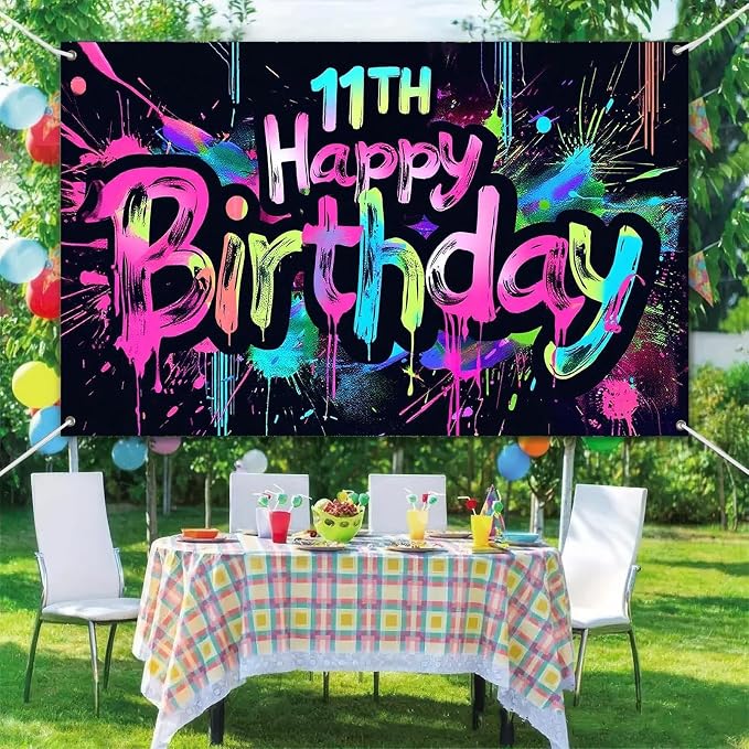 HOMETITUTE Graffiti 11th Happy Birthday Banner 71x43 Inch Neon Party | Glow in - Image 6