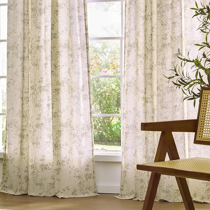 Green Vintage Floral Linen Curtains Farmhouse 50W X 84L 2 Panels | Elisa Series - Image 7