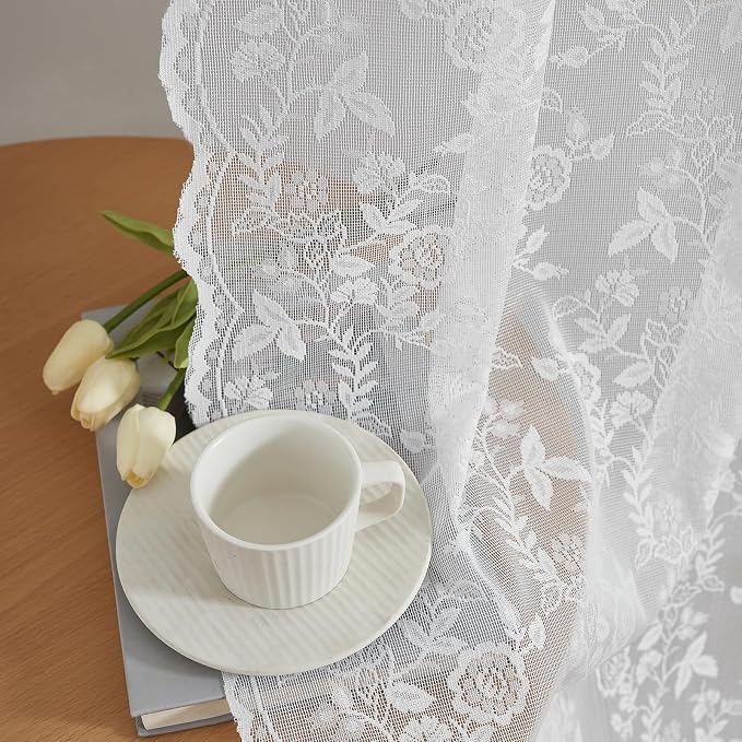 FINECITY White Lace Curtains for Bedroom Rustic Floral 52 x 63 Inch 1 Panel | by FINECITY