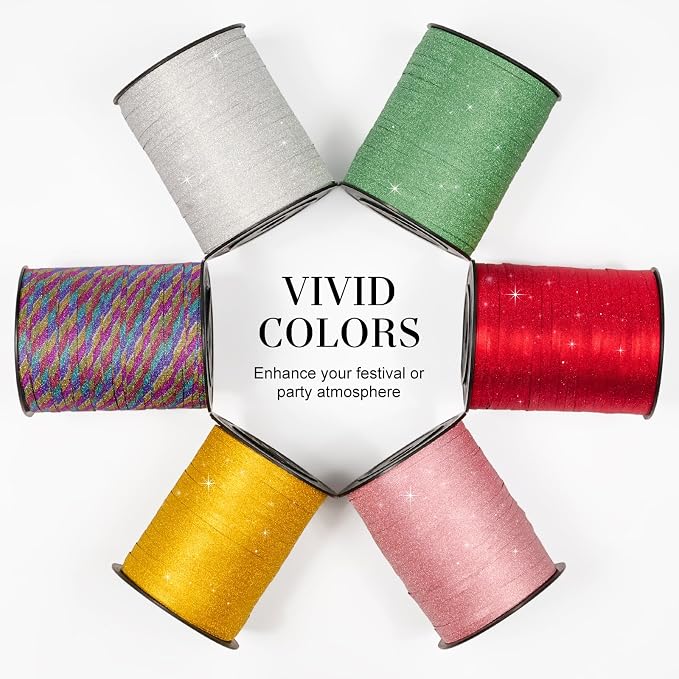 Green Curling Ribbon, 500 Yards, 1/5 Inch | Glitter, - Image 7