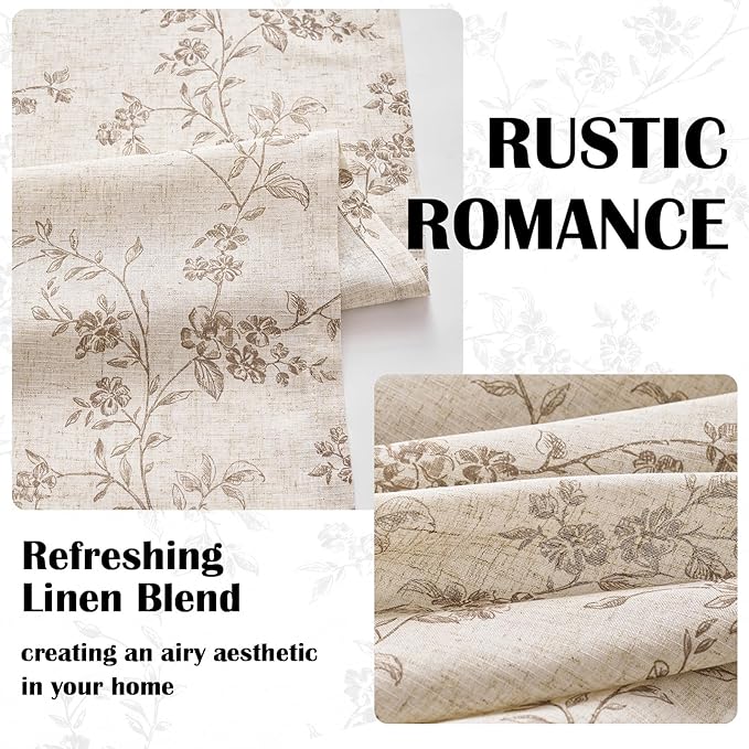 Taupe Vintage Floral Linen Curtains Farmhouse 50W X 84L 2 Panels | Elisa Series - Image 6