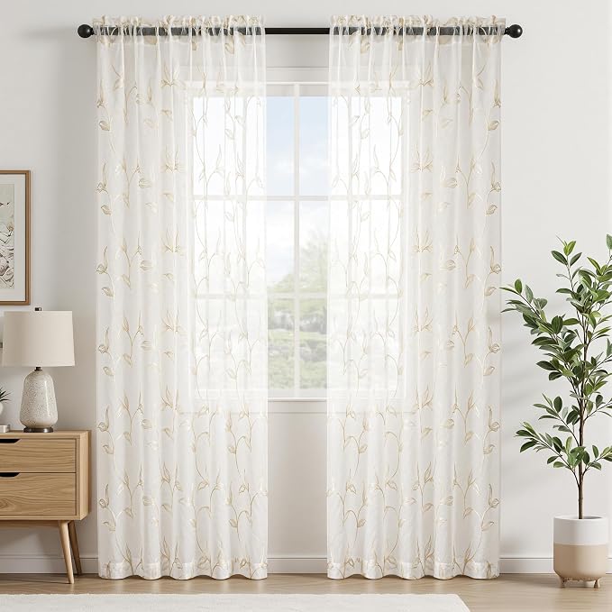 Sheer Curtains Boho Leaf Floral Embroidered Cream Beige 54Wx90L | Light - Image 2