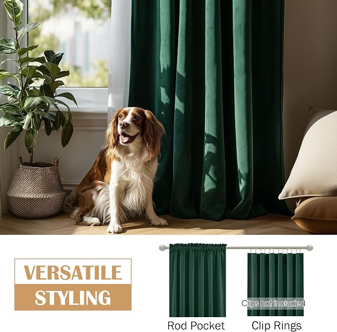 Beauoop Velvet Curtains for Bedroom Living Room Dark Green 52x108 2 Panels | - Image 7