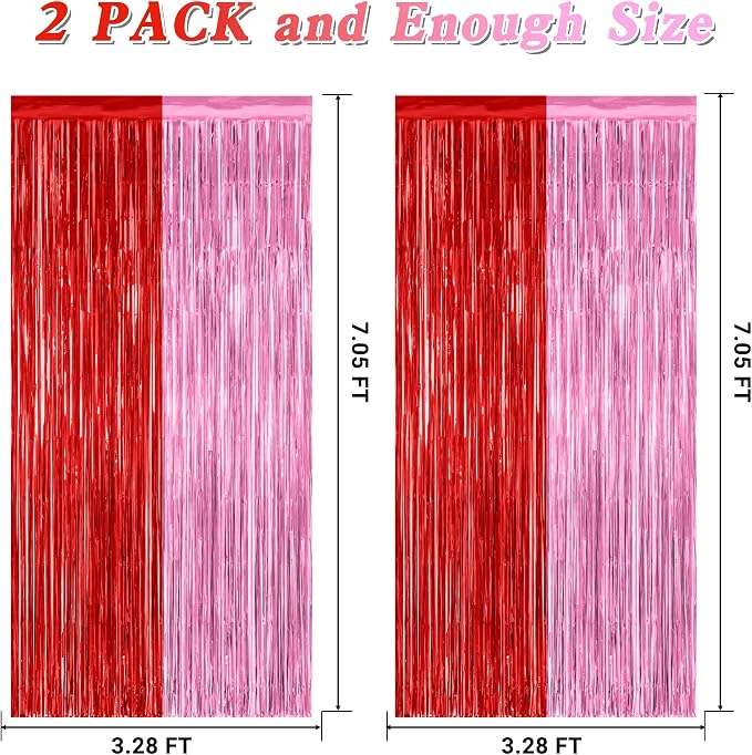 ZATAYE 2 Pack Red Pink Valentines Foil Curtain Streamer Decorations | Red Pink - Image 2