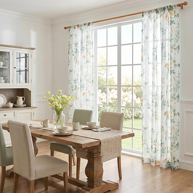 MYSKY HOME Green Sheer Floral Curtains 90 Inch Length - Image 8