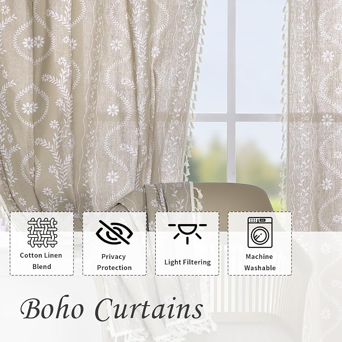 Schweek Boho Floral Curtains 96 Inches Length 2 Panels - Image 4