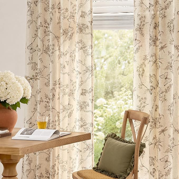 Taupe Floral Linen Curtains Farmhouse Rod Pocket 50W X 96L 2 Panels | Charlotte - Image 4