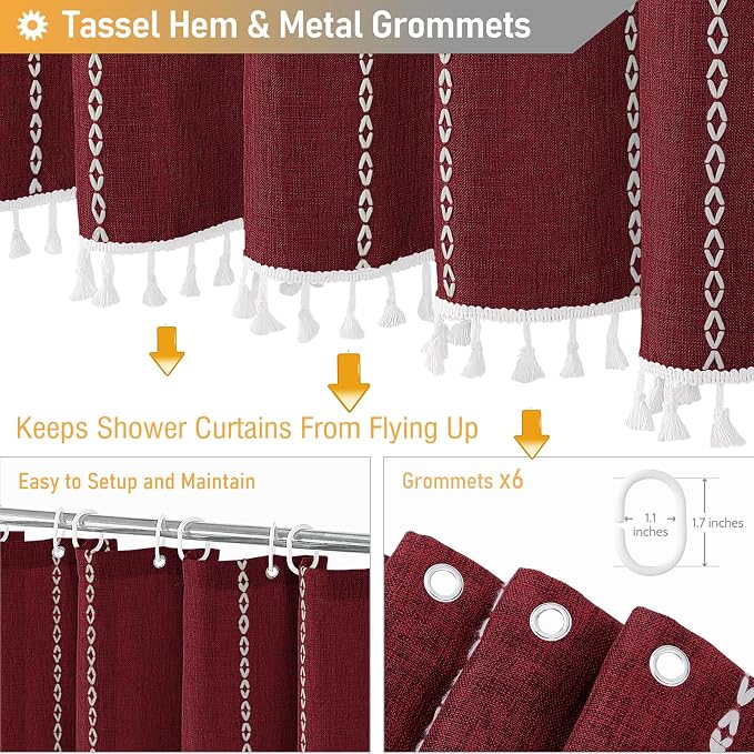 Small Boho Linen Heavy Duty Cloth Shower Curtain, Burgundy | Stall Size - Image 5