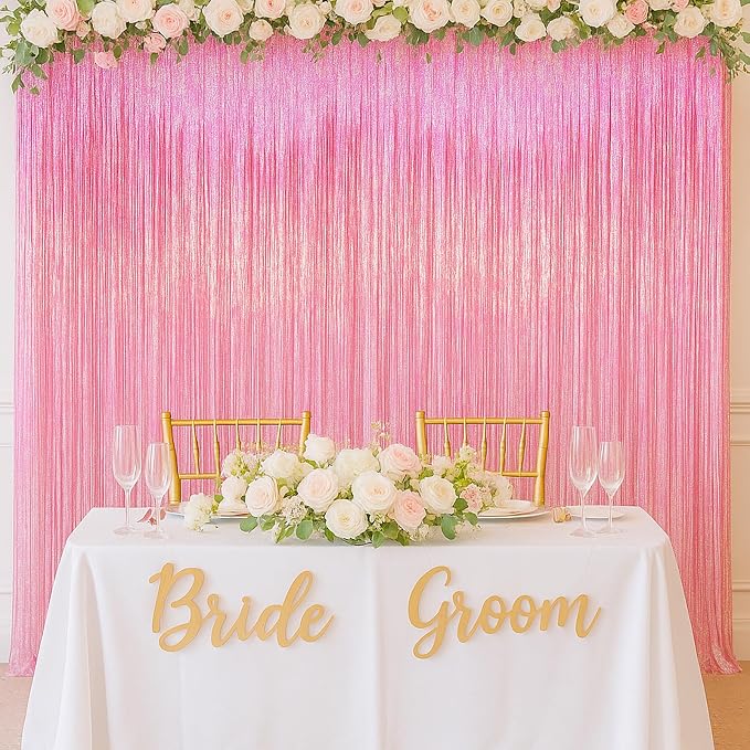 Voircoloria Laser Pink Foil Fringe Backdrop Curtains, 2 Pack | Tinsel Streamers - Image 7