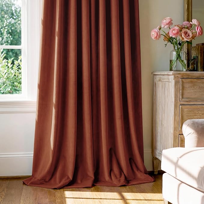 Rust Red Velvet Curtains for Christmas Decor, W52 x L84, 2 Panels | Room - Image 7