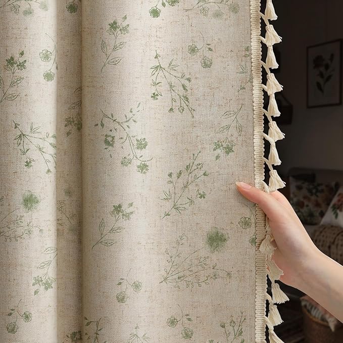 Boho Floral 100% Blackout Curtains 84 Inch 2 Panels Green | Farmhouse Vintage by Unknown