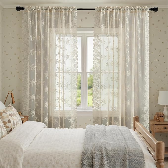 Kotile Beige Lace Curtains for Living Room Floral 52 x 80 Inch, 2 Panels | Rod - Image 6