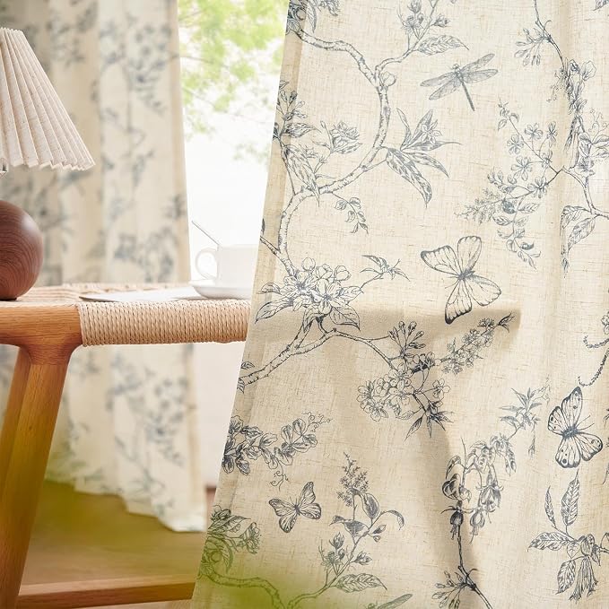Blue Floral Linen Curtains Farmhouse Rod Pocket 50W X 84L 2 Panels | Charlotte - Image 4