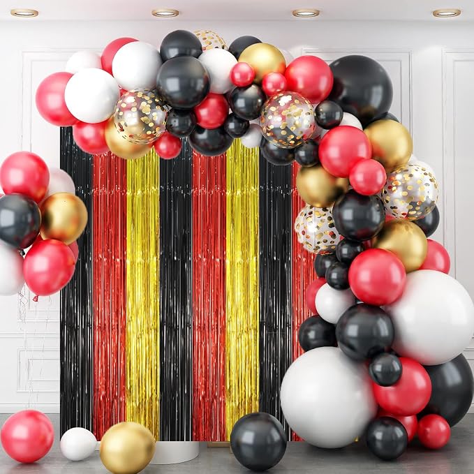 Voircoloria Red Black Gold Fringe Backdrop Curtains, 3 Pack | Tinsel Streamers - Image 5