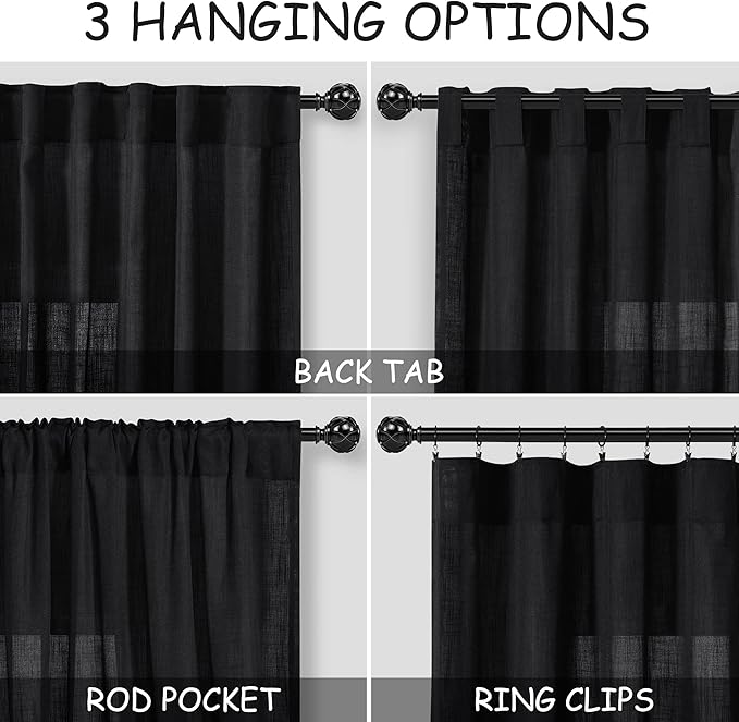 Black Linen Blend Drapes 84 Inch Length 2 Panels Set Back Tab Rod Pocket Light - Image 3