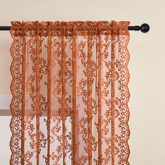 Rust Terracotta Lace Curtains 96 Inches Long 2 Panels Country Lace Sheer - Image 3