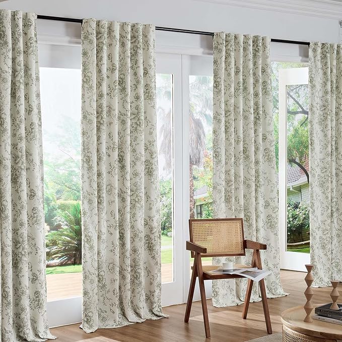 jinchan Green Floral Linen Blackout Curtains 96 Inch Back Tab 2 Panels | - Image 7