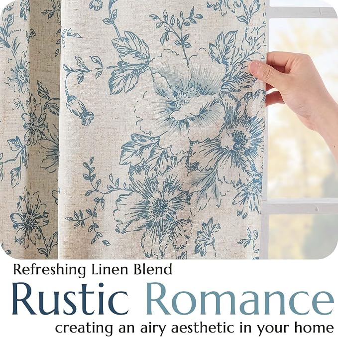 jinchan Blue Floral Linen Blackout Curtains Lined 84 Inch Back Tab 2 Panels | - Image 5