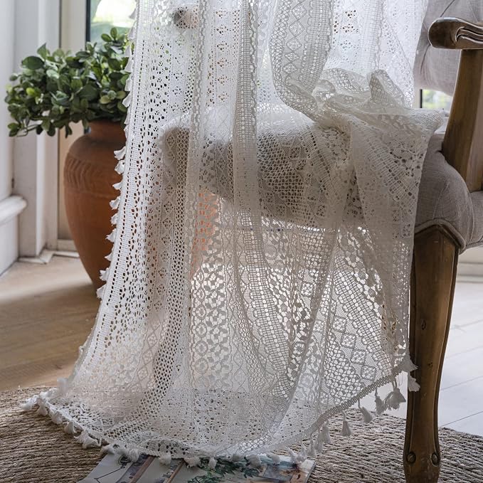 Sutuo Home Cream White Crochet Boho Curtain 84 Inches Length, Sheer Lace - Image 5