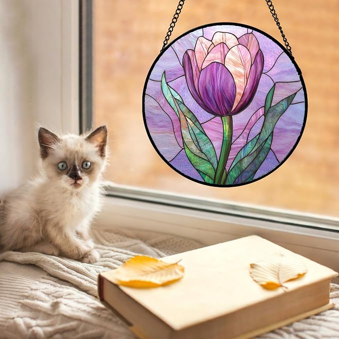 DASTOLL Stained Glass Window Hanging Purple Tulips Flower Large 15" - Image 2