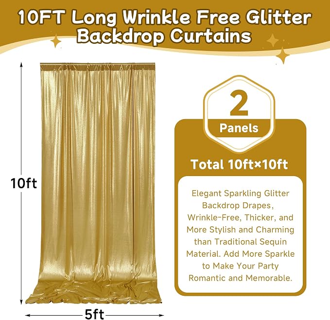 10ftx10ft Thick Gold Glitter Backdrop Curtain Panels - Image 5
