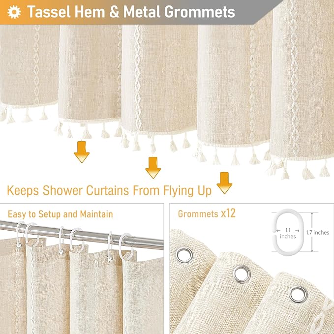 72x96 Extra Long Boho Linen Heavy Duty Shower Curtain Set, Cream/Beige | Extra - Image 5