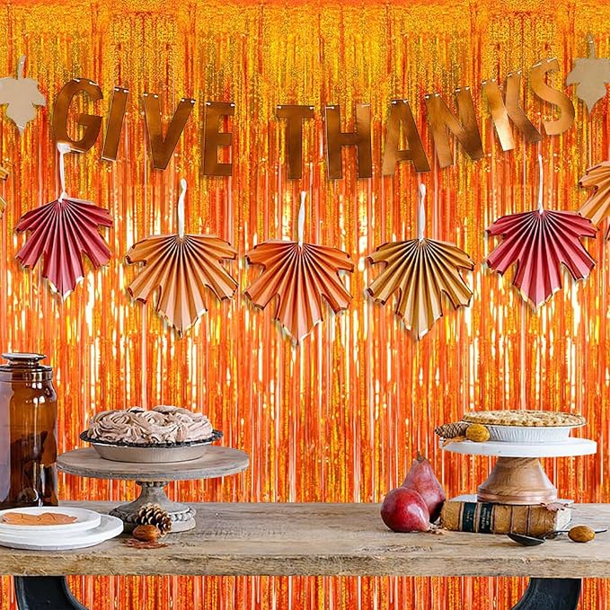 5 Pack Orange Foil Curtain Backdrop 3.2ft x 9.8ft Metallic Tinsel Foil Fringe - Image 5