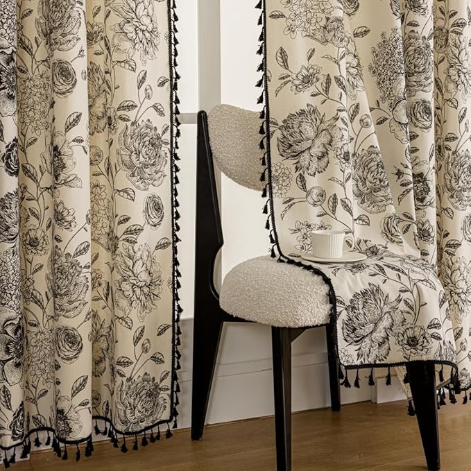 F-CHU Black Floral Farmhouse Curtains Living Room Drapes 84 Inch Length Cotton - Image 7