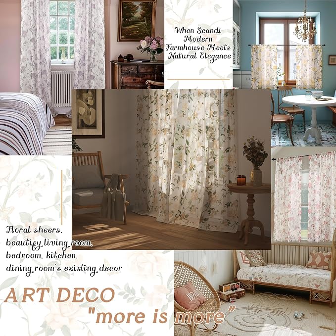 Sheer Curtains 45 Inch Length 2 Panels Set, Lavender Floral Patterned Linen - Image 5