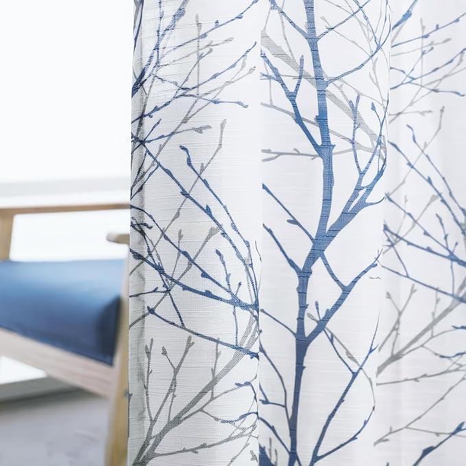 FMFUNCTEX Linen Blue White Semi Sheer Print Curtains 120 Inch Long 2 Panels | - Image 8