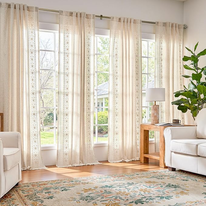 jinchan Floral Linen Curtains Embroidered Back Tab 50x84in 2 Panels Ivory | - Image 2