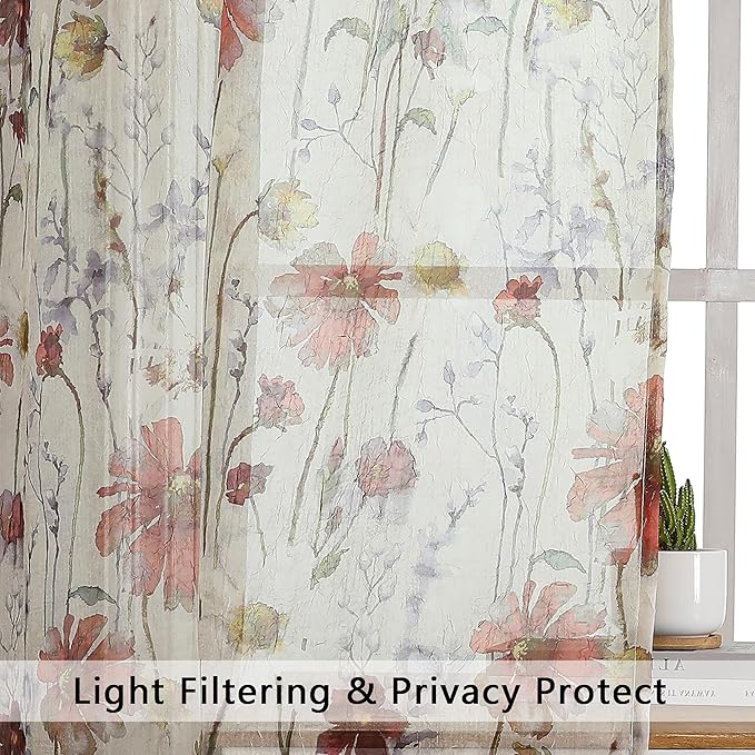 Crushed Semi Sheer Curtains 72 Inches Length 2 Panels, Floral Pattern Design - Image 4