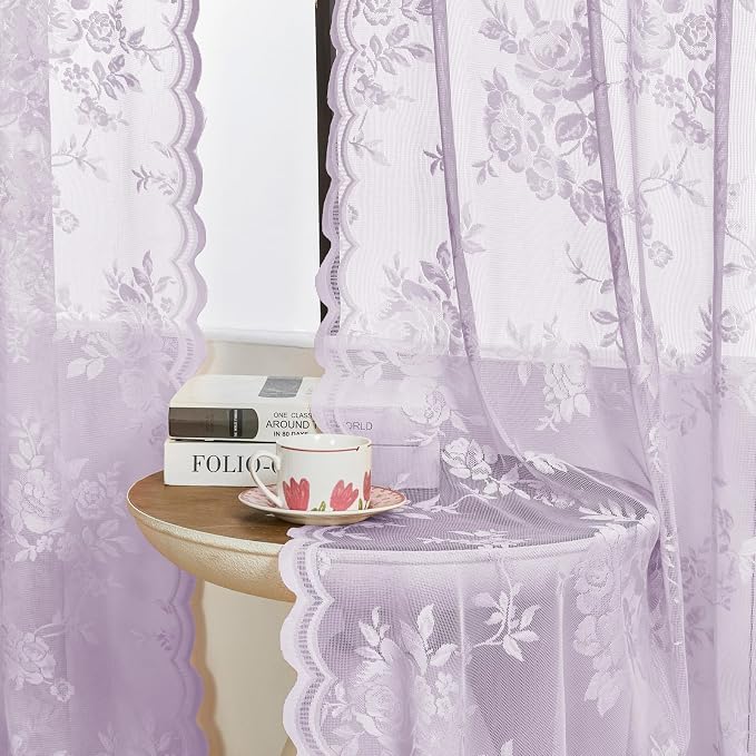 Lilac Purple Lace Curtains 63 Inch Length 2 Panels set Romantic Violet Flower - Image 3