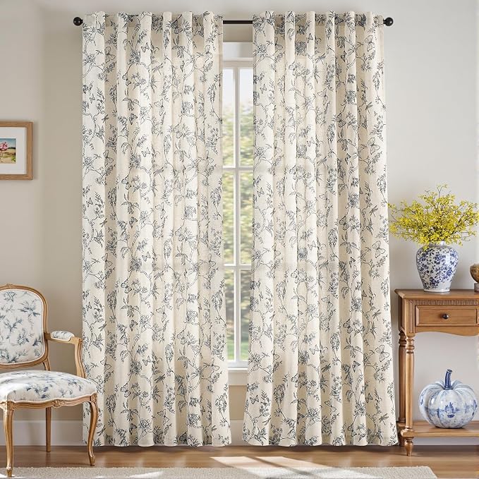Blue Floral Linen Curtains Farmhouse Rod Pocket 50W X 84L 2 Panels | Charlotte - Image 2