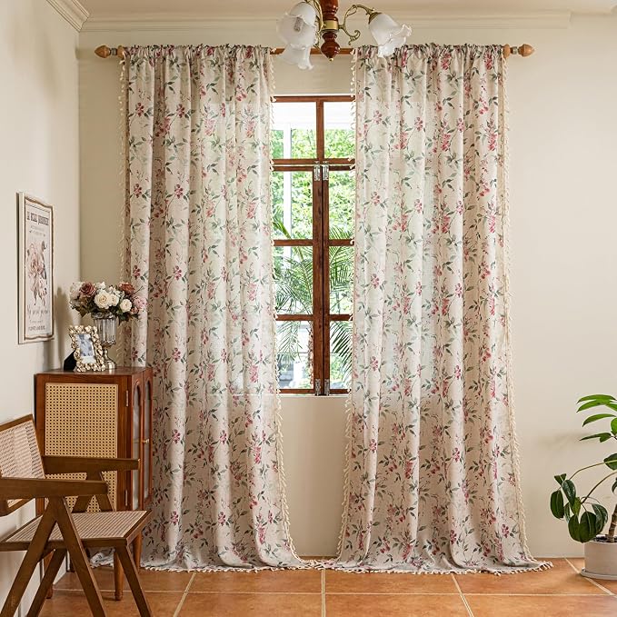 ENJOYBRIDAL Floral Curtains 96 Inches Bedroom Semi Sheer Drapes Cottage Living - Image 4