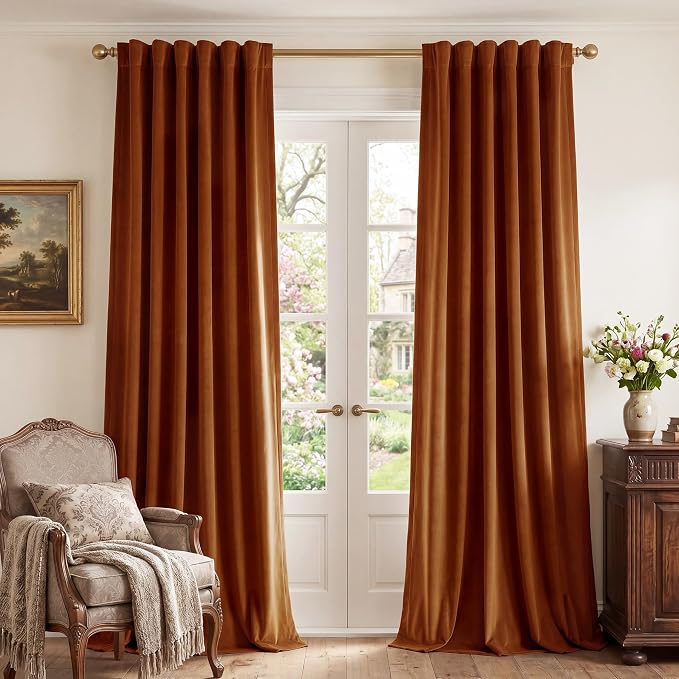 Burnt Orange Velvet Curtains Back Tab Boho Drapes, 300GSM Heavy Velvet by StangH