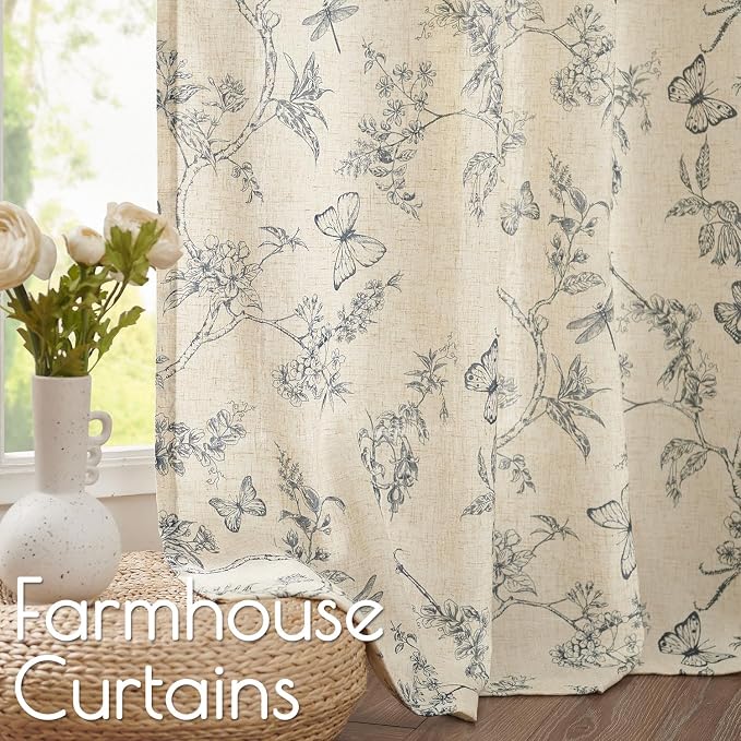 Blue Floral Linen Curtains Farmhouse Rod Pocket 50W X 84L 2 Panels | Charlotte - Image 3