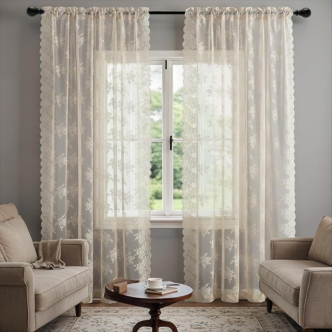 Kotile Beige Lace Curtains for Living Room Floral 52 x 80 Inch, 2 Panels | Rod - Image 9