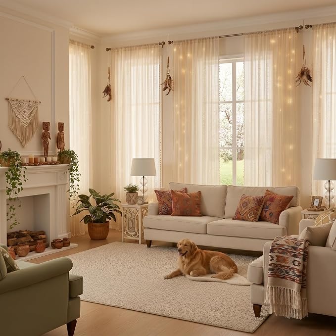 WAZZIO Boho Lace Curtains 80 Inches 2 Panel, Light Filtering Privacy Tassel & - Image 8