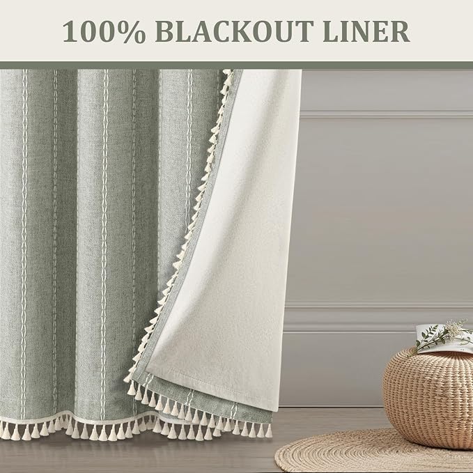 Sage Green Boho Blackout Curtains 96 Inch 2 Panels - Image 2