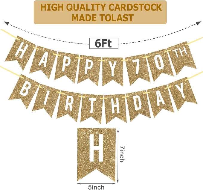 Netnology Pre-Strung Gold Glitter 70th Happy Birthday Banner Decorations | 12 - Image 2