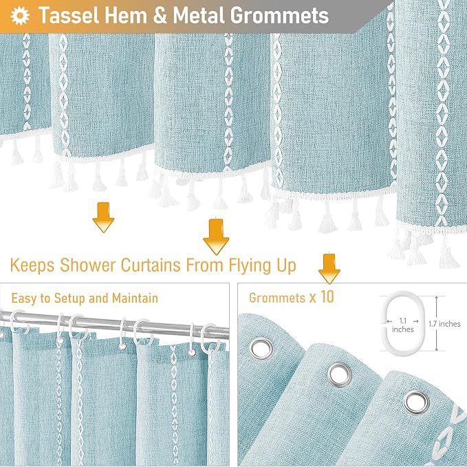 54x78 Boho Farmhouse Linen Heavy Duty Shower Curtain Set, Fog Blue | Narrow - Image 5