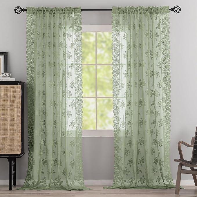 Kotile Sage Green Floral Sheer Curtains - Image 7
