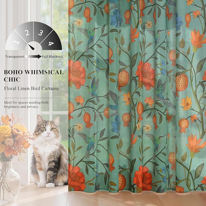 54 Inch Boho Floral Curtains Tropical Bird Print Linen Semi Sheer Window Drapes - Image 2