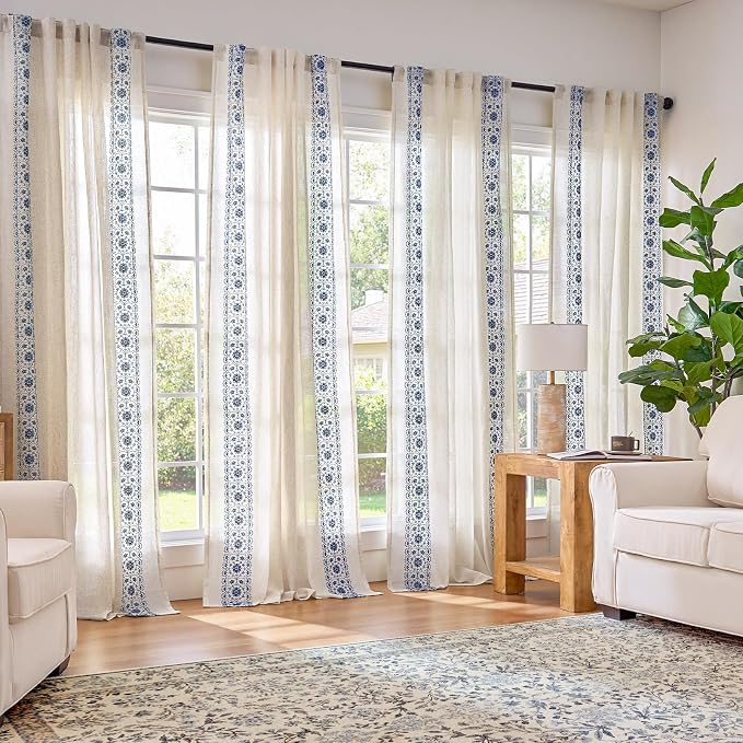 jinchan Floral Linen Curtains Embroidered Back Tab 50x63in 2 Panels Blue | - Image 2